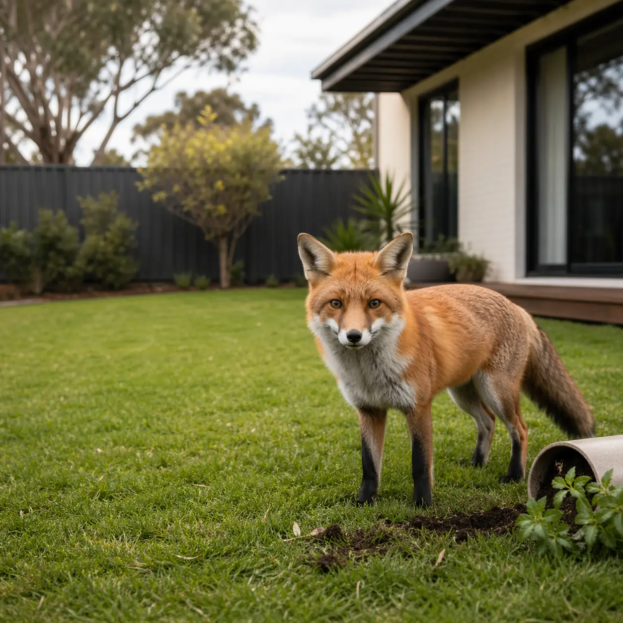 A fox stands in the grass, with a house visible in the background, showcasing a serene suburban setting.